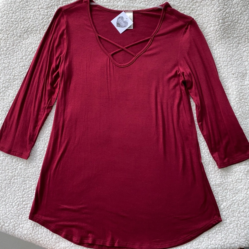 Burgundy Blouse with Cross-Cross Neck NWT Size Medium